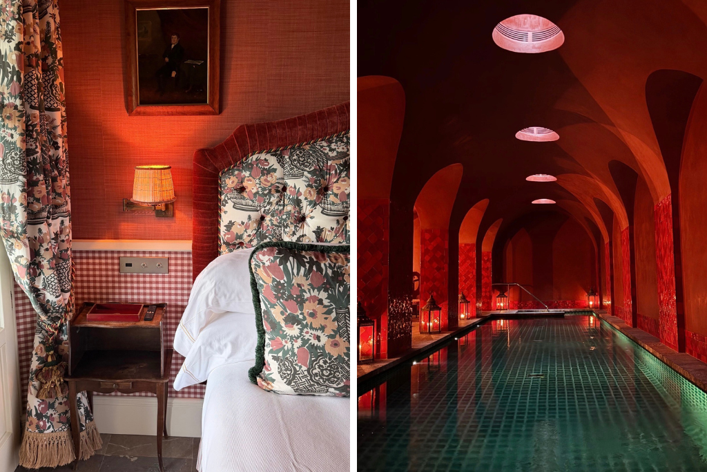 A richly decorated hotel suite with floral fabrics beside a dramatic red-lit indoor pool framed by arches and lanterns. Ideal for couples wondering where to stay in Mallorca for a romantic escape, with luxury Mallorca hotel design and spa amenities.