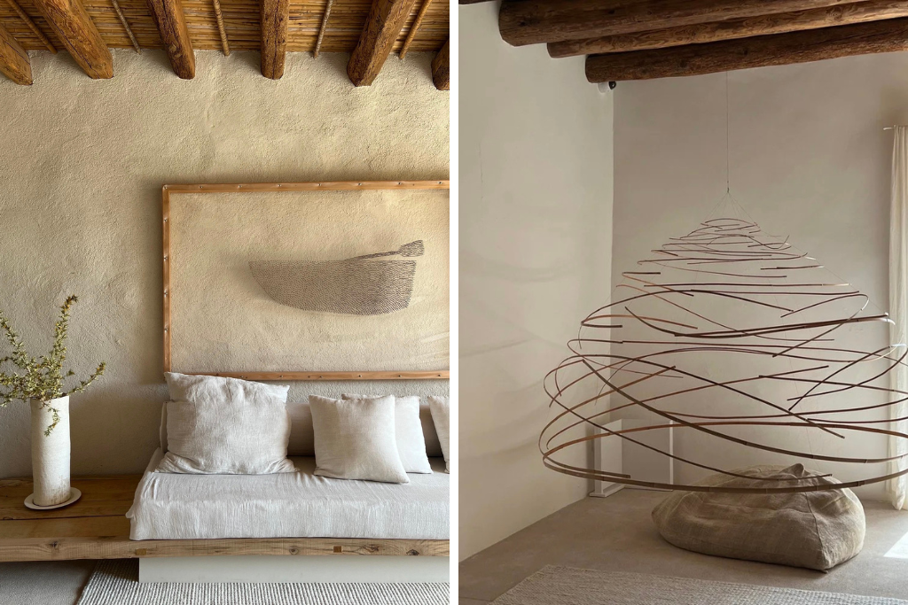 Minimalist seating beneath exposed wooden beams and sculptural artwork in a serene stone-walled space filled with natural textures. A stylish option when researching where to stay in Mallorca Spain or luxury hotels in Mallorca away from busy resorts.