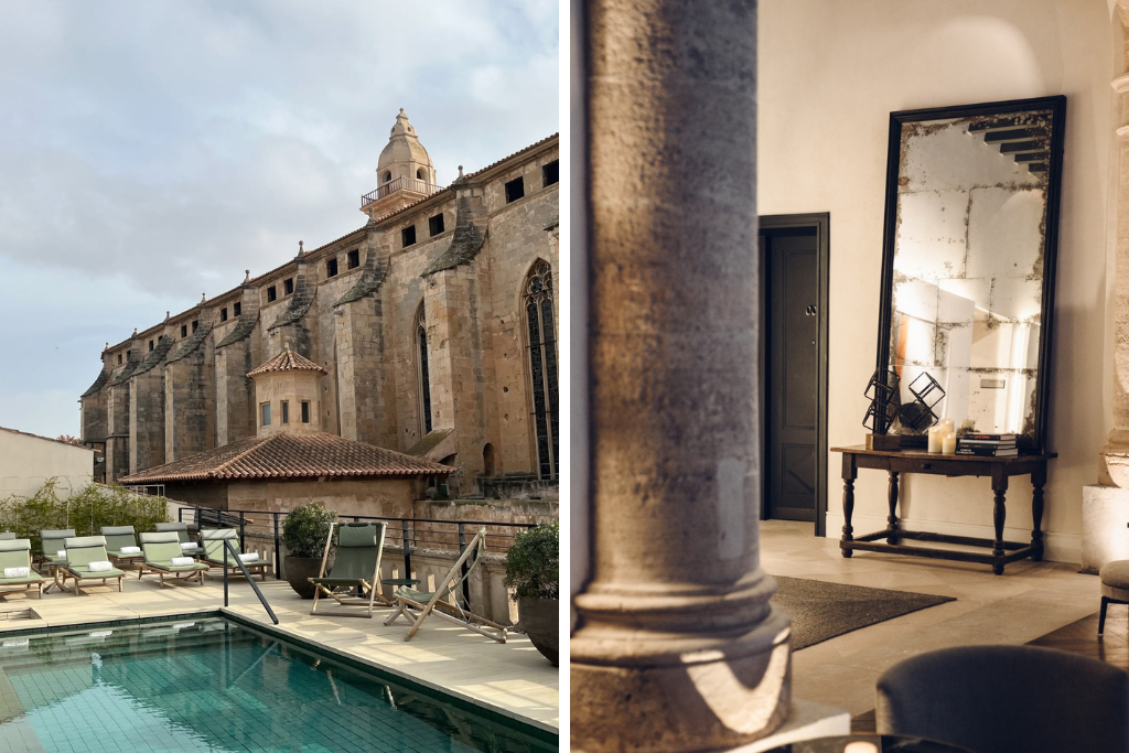 A rooftop pool overlooks a historic cathedral while stone columns and antique furnishings add timeless charm indoors. Perfect inspiration for where to stay in Mallorca without a car, with culture, architecture, and city attractions nearby.