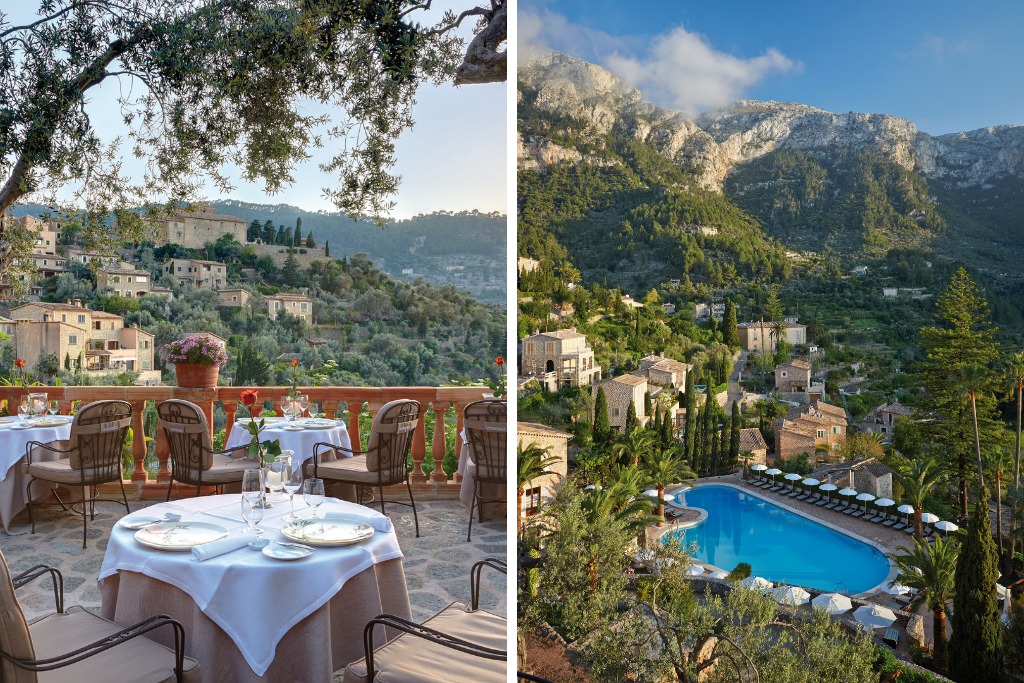 White-clothed tables overlook a hillside village and lush Tramuntana mountain scenery bathed in soft evening light. A memorable choice for where to stay in Mallorca for couples or travelers seeking the prettiest part of Majorca.