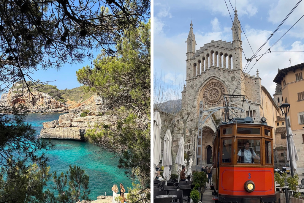 Turquoise waters framed by pine trees sit alongside a vintage tram passing a grand church in a historic town square. Highlights of where to stay in Mallorca for best beaches and scenic sightseeing without needing long drives.