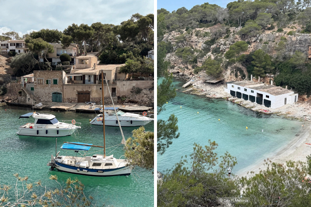 Boats float on crystal-clear water beside stone houses and a sheltered cove with a small beach below rugged cliffs. Ideal inspiration for where to stay in Mallorca for beaches, with calm coves and coastal scenery.
