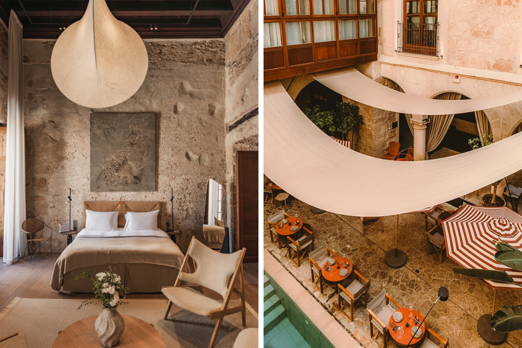 A beautifully restored stone suite and open-air courtyard restaurant showcase historic architecture and refined Mediterranean design. A standout luxury stay for travelers comparing where to stay in Mallorca for couples or special occasions.